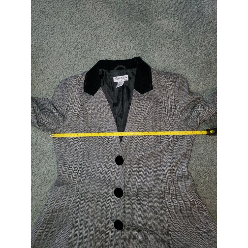 NorthStyle Herringbone Walking Coat Size M Gray Black Velvet Trim 3-Button... - Picture 10 of 16